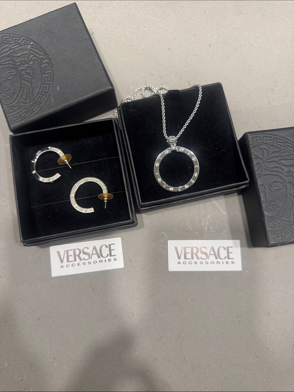 Versace Silver-Tone Circular Pendant Necklace and Hoop Earrings Set